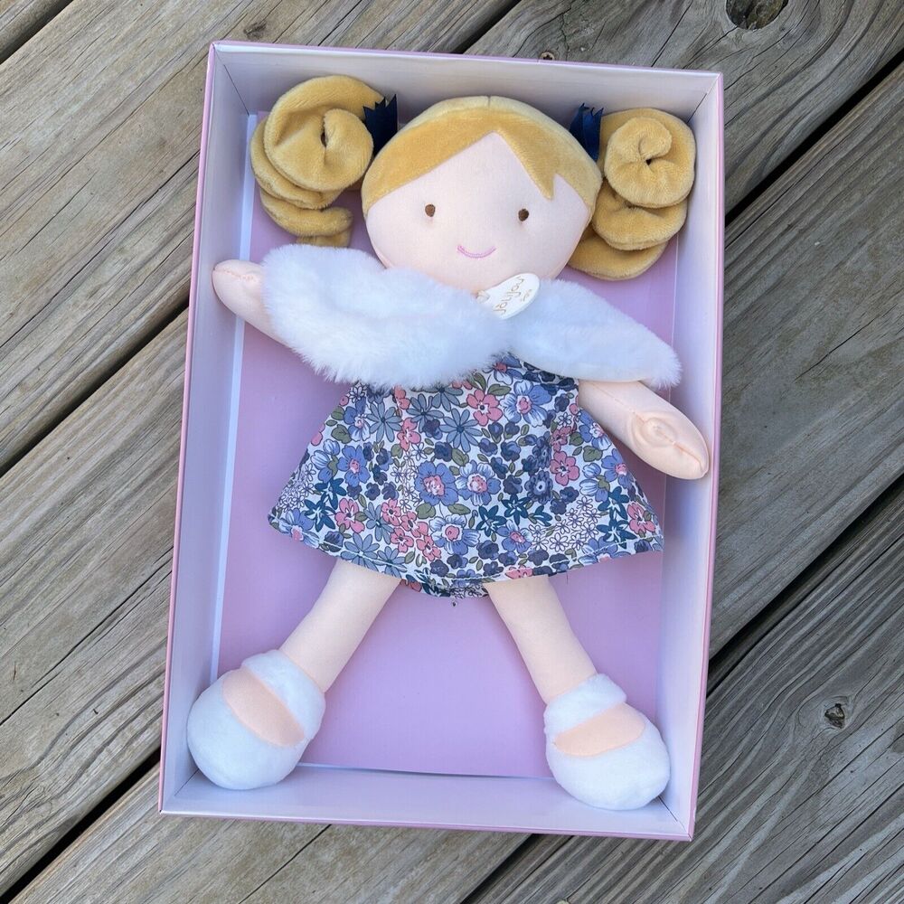 JoliJou Paris Demoiselle Pretty Doll Blue Print Dress Baby Girl Toy Lovey New